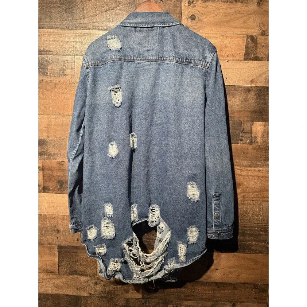 🔥American Bazi Casual Stylish Long Distressed Denim Jean Jacket 3x Boho Y2K